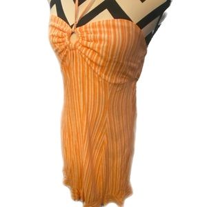 Juniors L orange striped mini halter o-ring dress. Linen thin for a hot day.